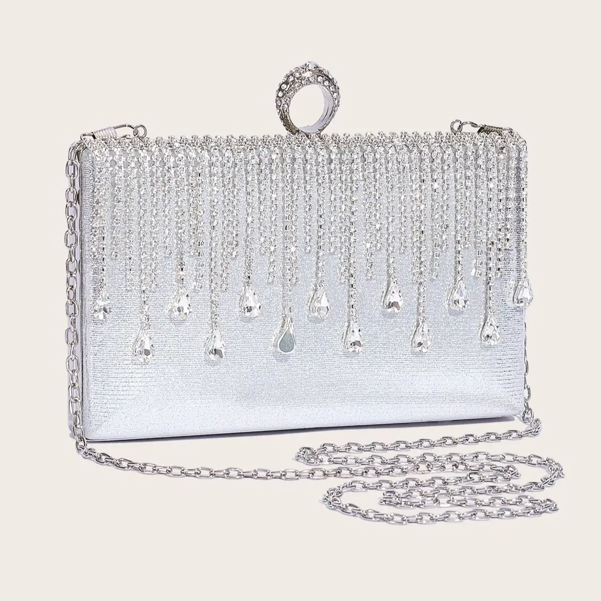 Luxury Women\'s Evening Bag Silver Clutch Bag with Rhinestone Tassel Wedding Party Handbag Square Purse Elegant Shoulder Bag