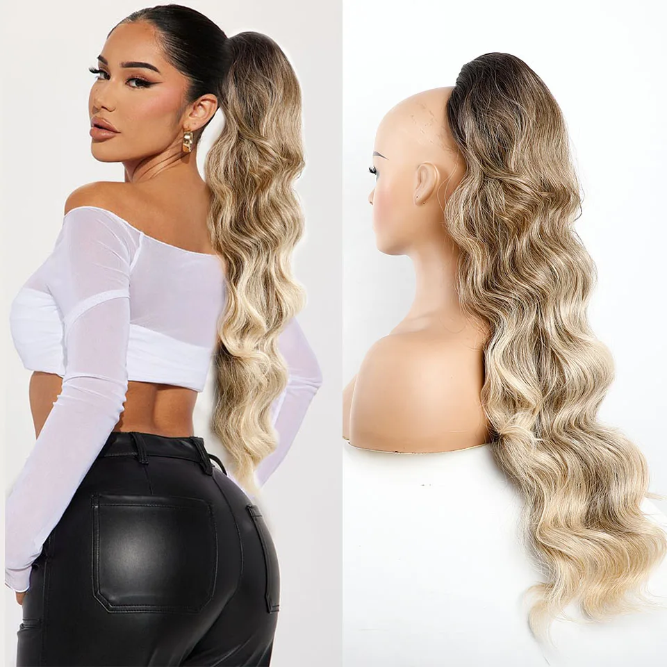 28'' Body Wave Clip In Ponytail Long Wavy Hairpiece Extension Blonde Synthetic Fake Hair Horse Tail for Women Heat Resistant