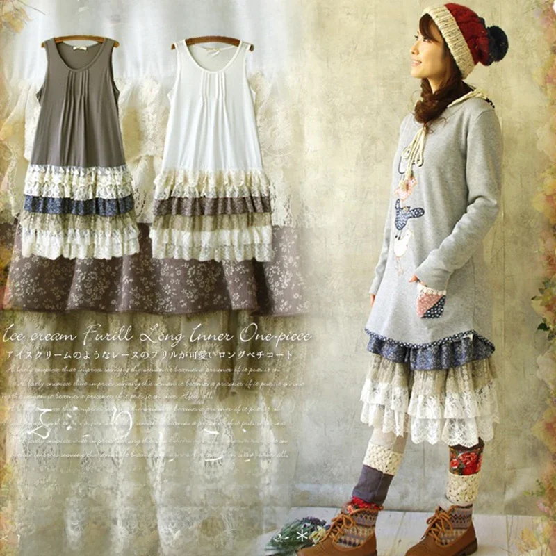 Kobiety styl mori girl urocza koronka warstwa Lolita Ruffles Maxi plisowana luźna Casual Tunique Vestido Oncinha śliczne Kawaii damska sukienka C180 — zdjęcie 2