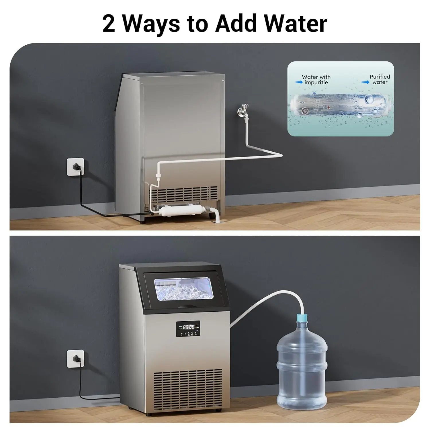 ماكينة صنع الثلج التجارية المعتمدة من ETL بسعة 200 رطل/24 ساعة، سعة 45 رطلًا قائمة بذاتها وصانعة الثلج تحت العداد، مكعبات ثلج شفافة