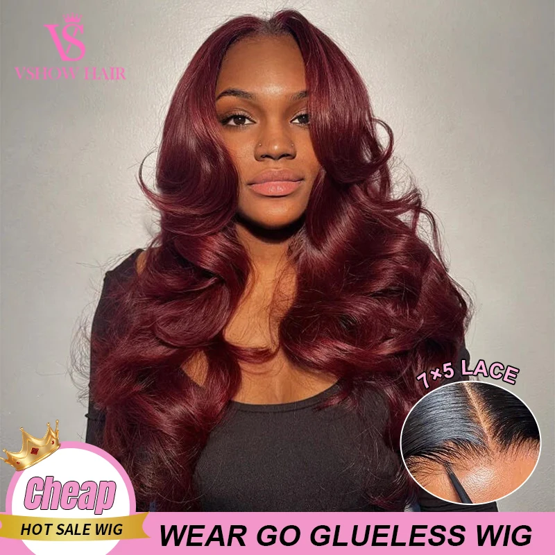 

VSHOW 7x5 Pre-Everything Lace Frontal 99J Burgundy Body Wave Hair With Invisi Drawstring Layered Cut Glueless Wear Go Wig