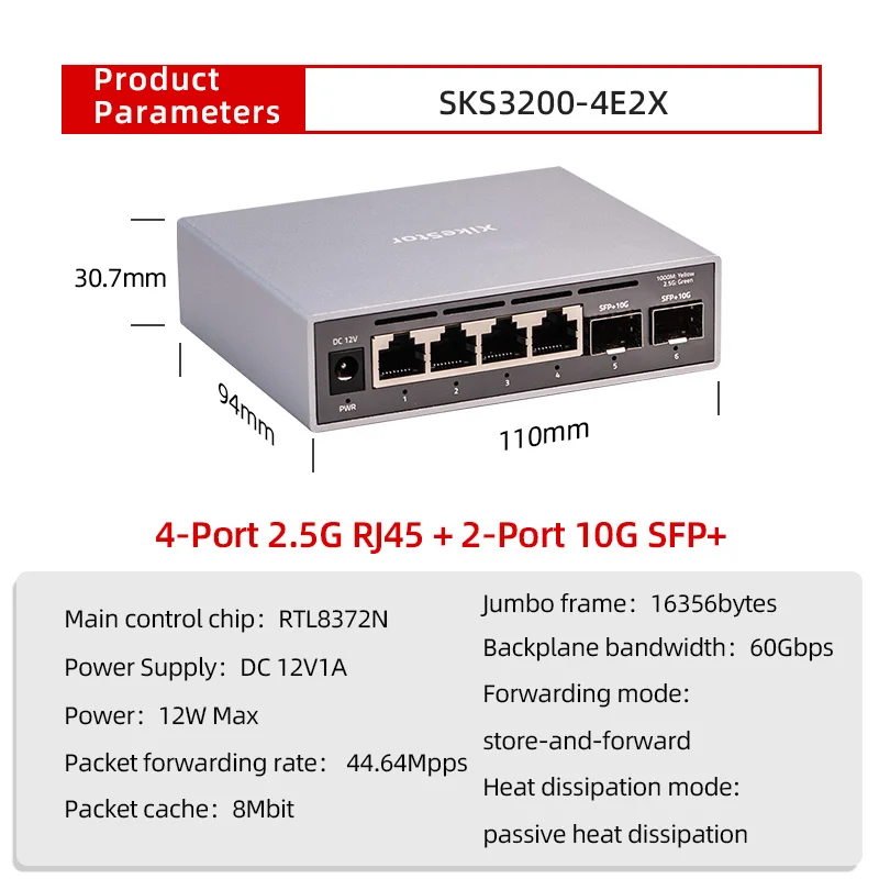 XikeStor Easy managed 4-port 2.5G + 2-port 10G , support VLAN link aggregation, fanless design network hub and splitter