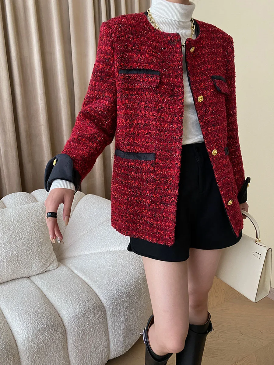 Herbst Winter Damen mittellange einreihige Wolle rot grauer Mantel hochwertige Tweed jacken