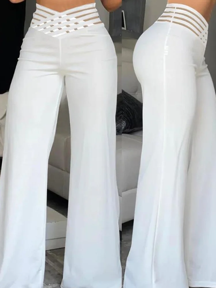 Women Elegant Wide Leg Flared Pants Y2K Fashion Causal High Street Pants Crisscross Sheer Mesh Patch Design Office Lady Trousers