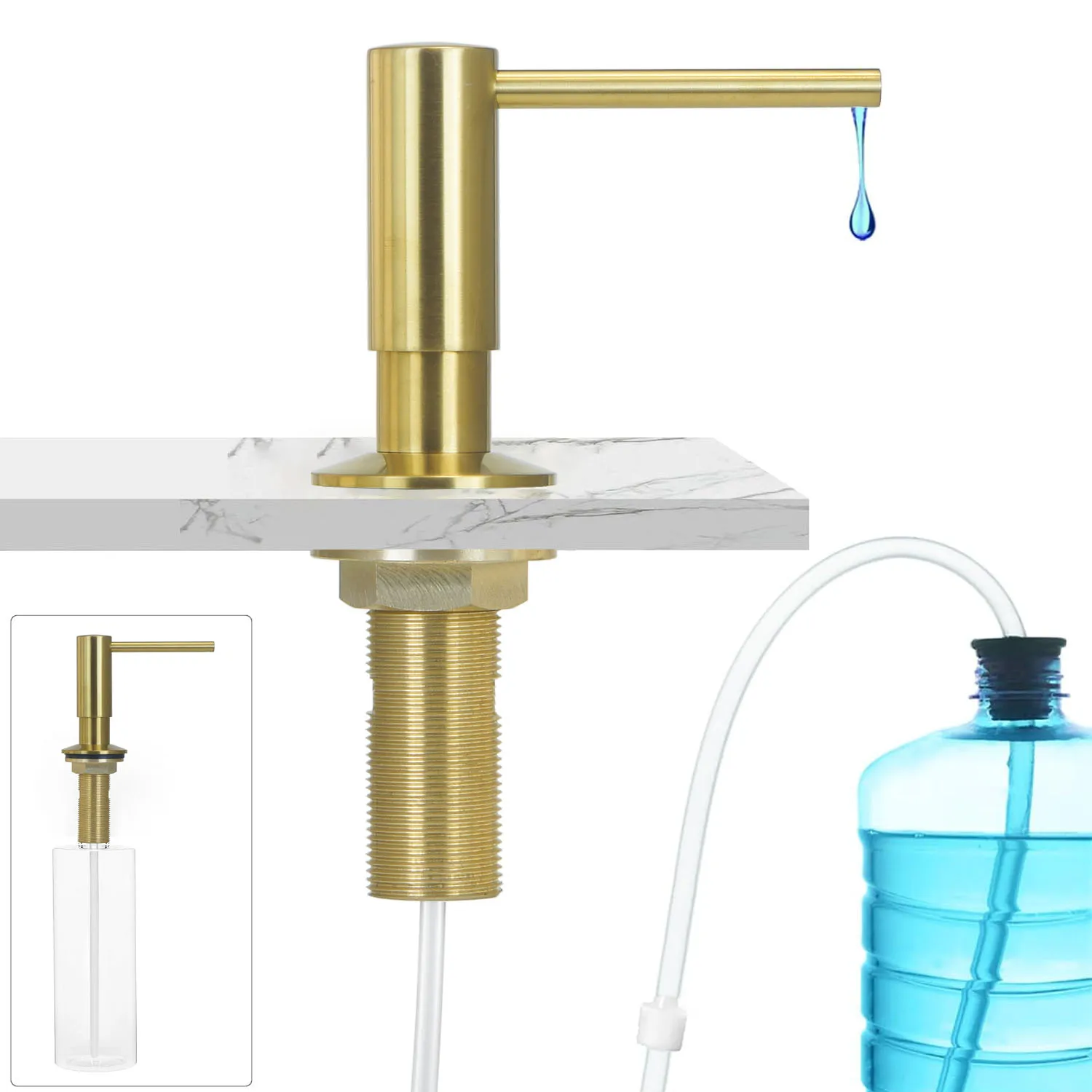 

Brass Kitchen Sink Soap Dispenser with Upgraded Check Valve 47-inch Extension Tube & 17oz Bottle with Brass dental tube