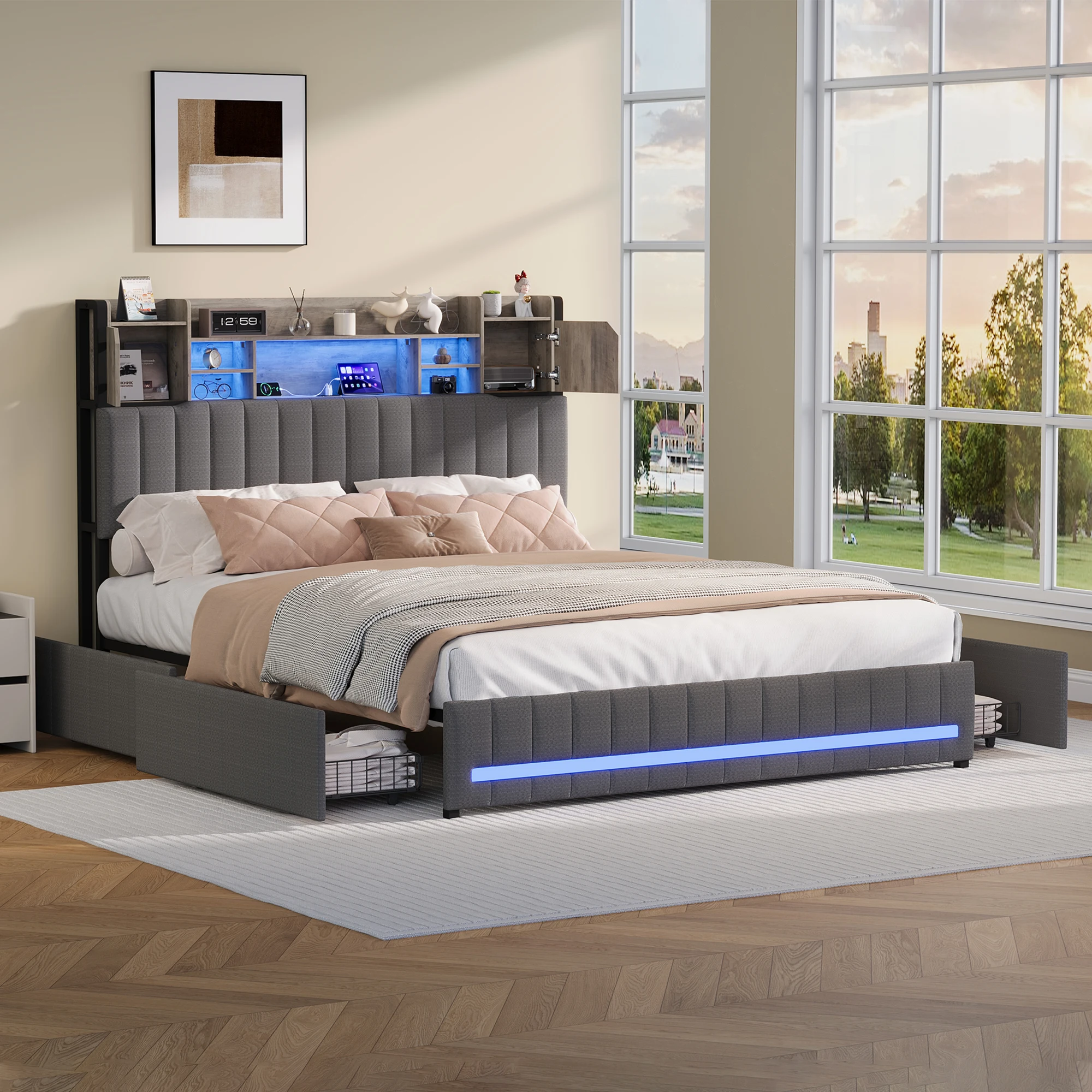 Anajqaqia Cama Tapizada de 140/160x200cm con 4 Cajones, Cama con Almacenamiento LED, Cama Doble con Base de Láminas, Cabecero con Almacenamiento, Lino, Gris