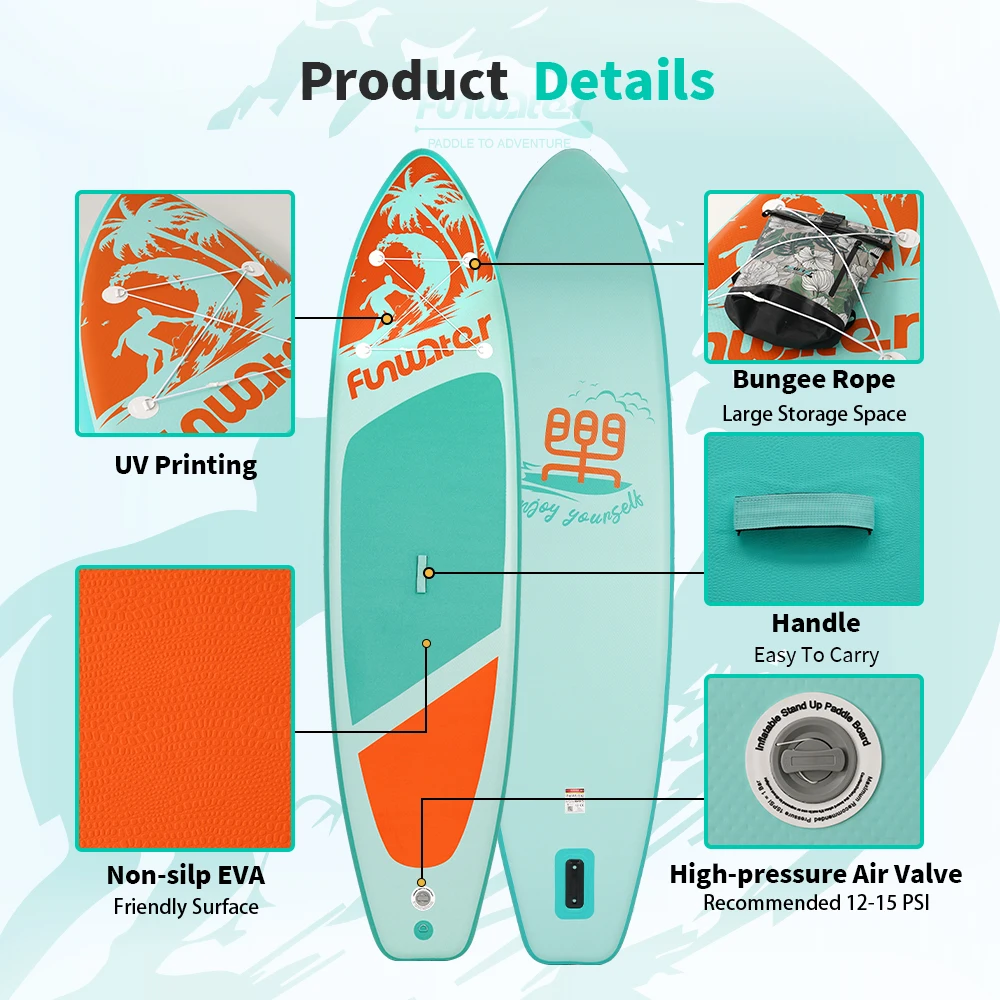 FunWater SUPFR01E 320cm-350cm Aufblasbares Stand-Up-Paddle-Board Surfbrett Komplettes Paddleboard-Zubehör Verstellbares Paddel, Pumpe, ISUP-Reiserucksack, Leash, Wasserdichte Tasche, Erwachsenen-Paddle-Board – Detail 26