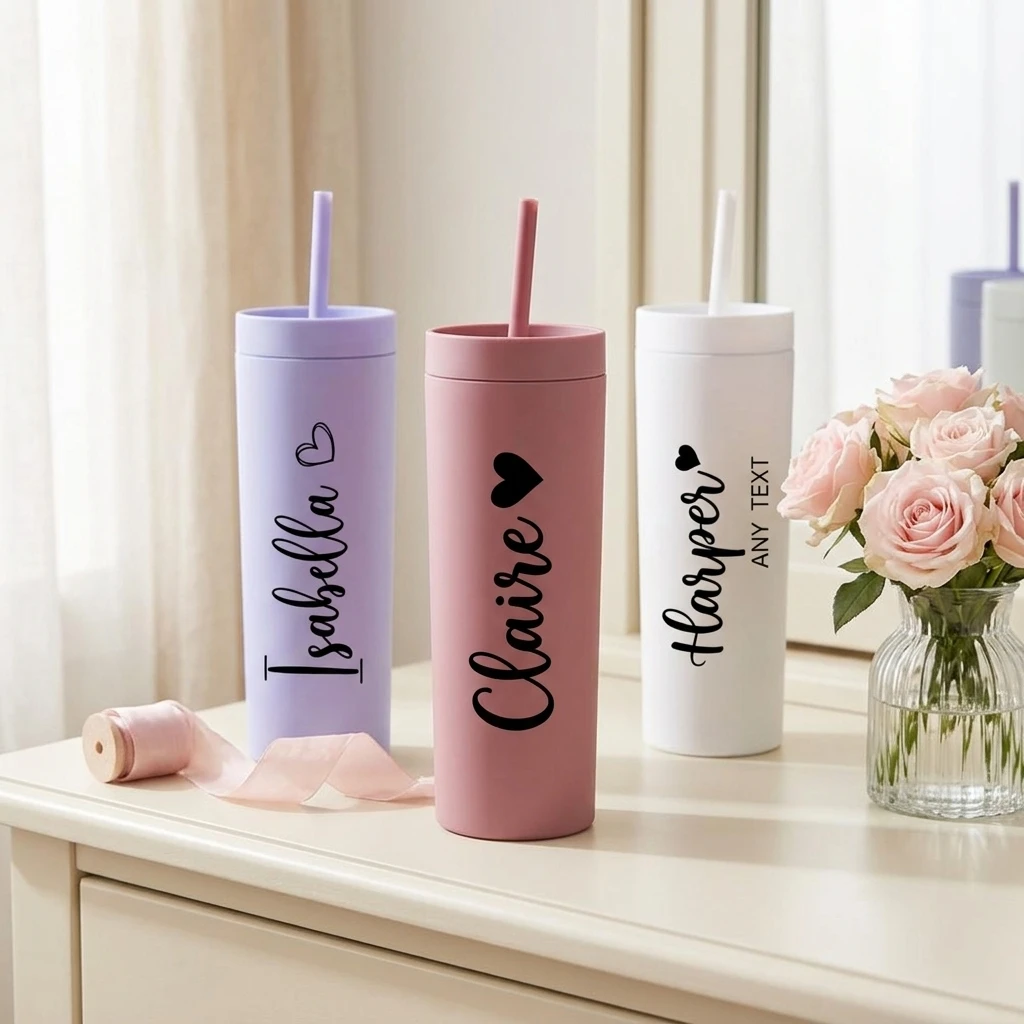 Custom Name Print Pastel Slim Tumbler Stainless Steel Insulated Water Cup with Straw, Portable Travel Coffee Mug for Office Gym.
