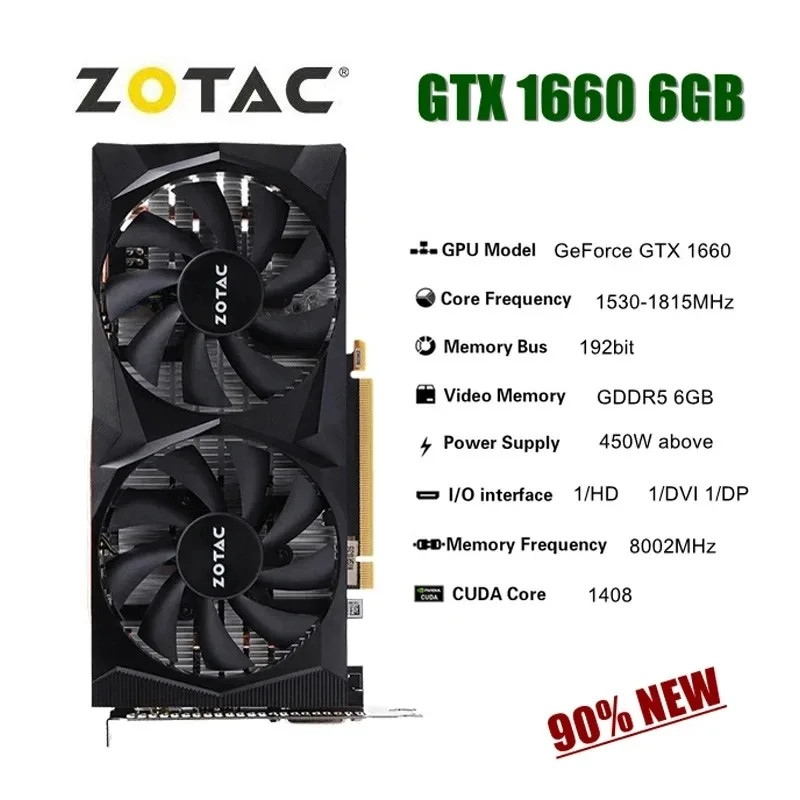 ZOTAC-Cartes graphiques vidéo de jeu GTX 2024, GTX1660, 6G, GDDR5, 192 bits, 1660 d'occasion