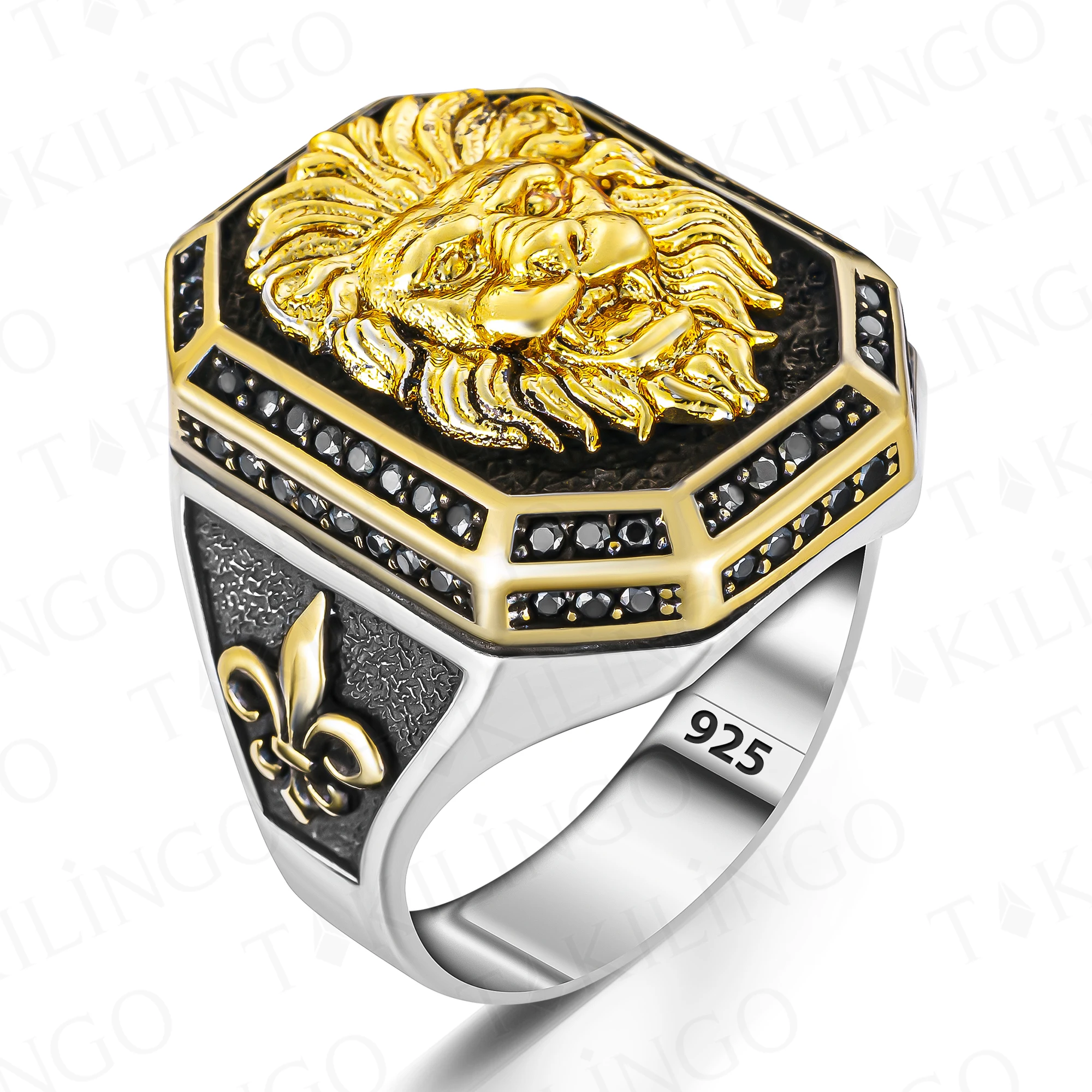 925k Stamped Solid Sterling Silver 3D Lion Ring Sterling Silver 14k Gold Plated King Lion Head Signet Ring for Men