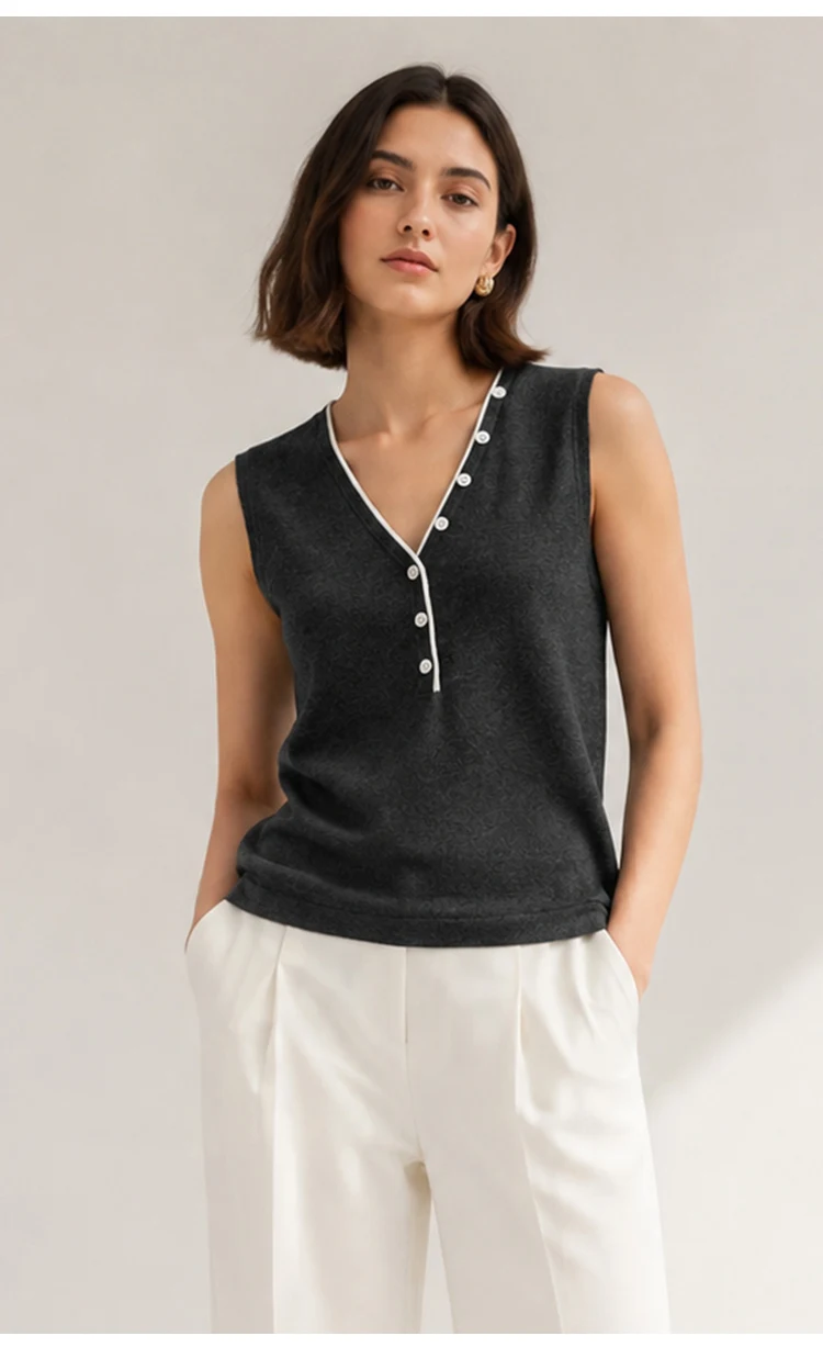 ML62129 Damen Vintage V-Ausschnitt Ärmellose Strickweste mit Kontrastbesatz und Knopfleiste aus Modal-Mischgewebe, Sommerliches Casual-Oberteil – Detail 5