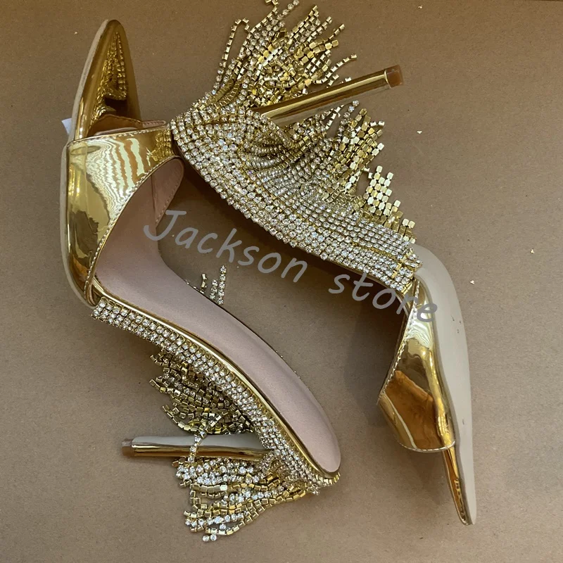 

Luxury Rhinestone Tassel Stiletto Sandals Fashion Catwalk Pointed Toe Women Slippers Large Size Banquet Elegant Dress Shoes