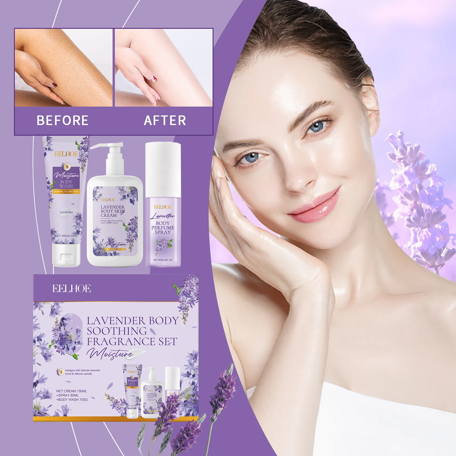 

EELHOE 3 in 1 Lavender Body Soothing Fragrance Gift Box Relieve Skin Dryness Gentle Skin Hydrating Moisturizing Skincare Set
