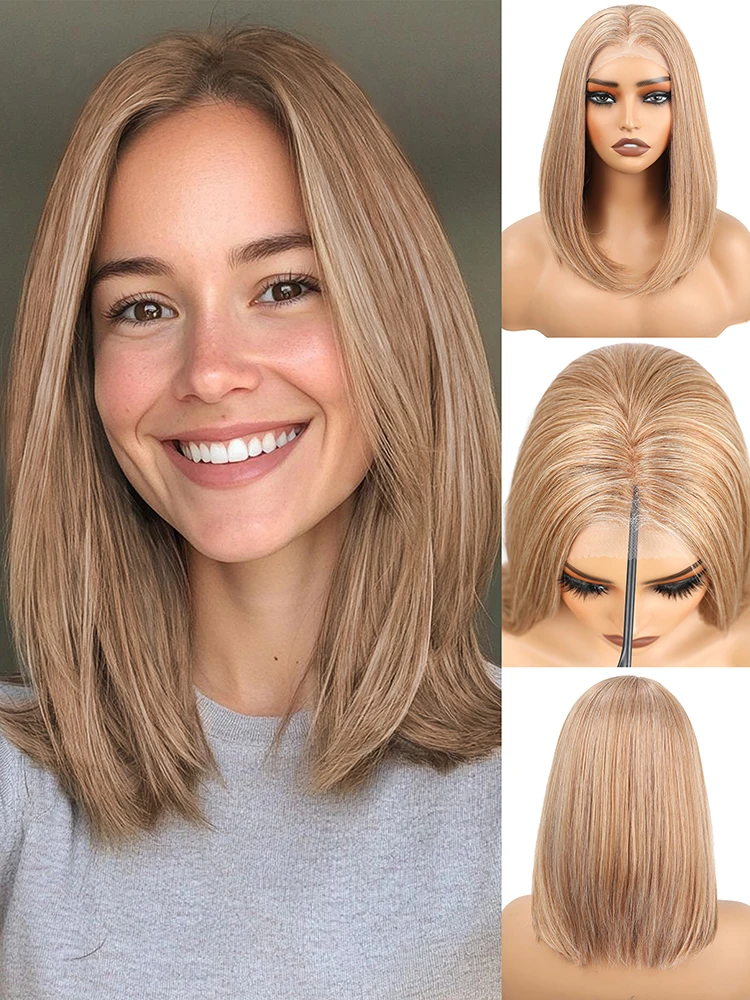 

NAYOO 13×4 lace front wig, light ash brown bob wig, suitable for women's everyday wear and dates - 14 inches