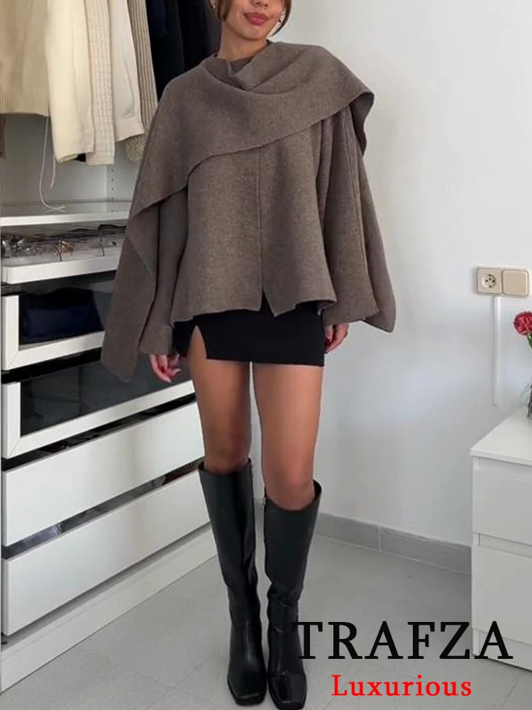 TRAFZA Vintage Casual Chic Women Knitted Scarf Sweaters O Neck Long Sleeve Loose Short Coats Fashion 2024 Autumn Winter Outwears