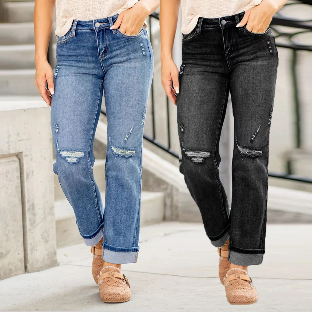 

Женские повседневные прямые джинсы, уличные потертые джинсовые брюки-бойфренды со средней талией, легкие рваные детали, закатанный подол