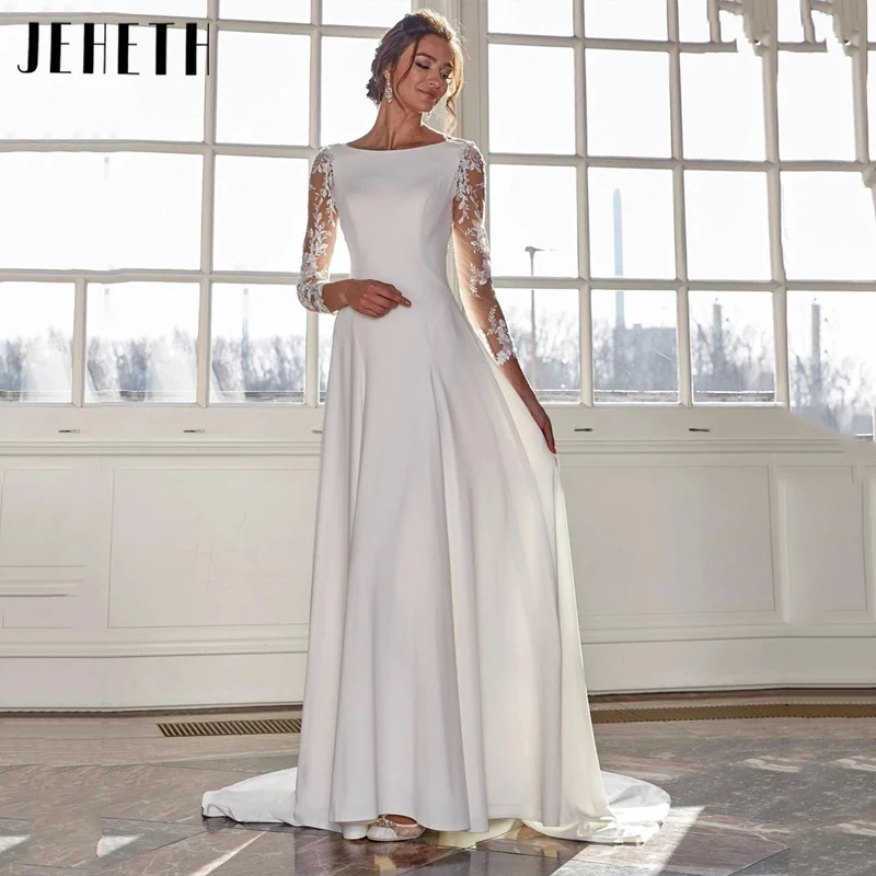 JEHETH Vintage Lace Long Sleeves Wedding Dress Women Satin A-Line Simple Bridal Gowns Scoop Neck Elegant Button Vestido De Novia