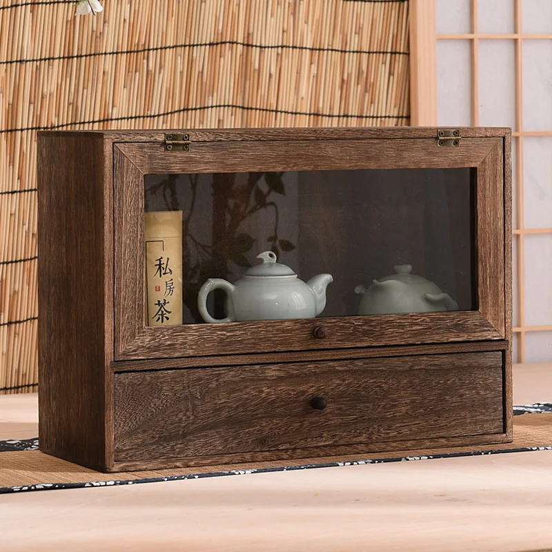 Solid wood dustproof glass teacup holder teapot display box teaware pet organizer tea display cabinet