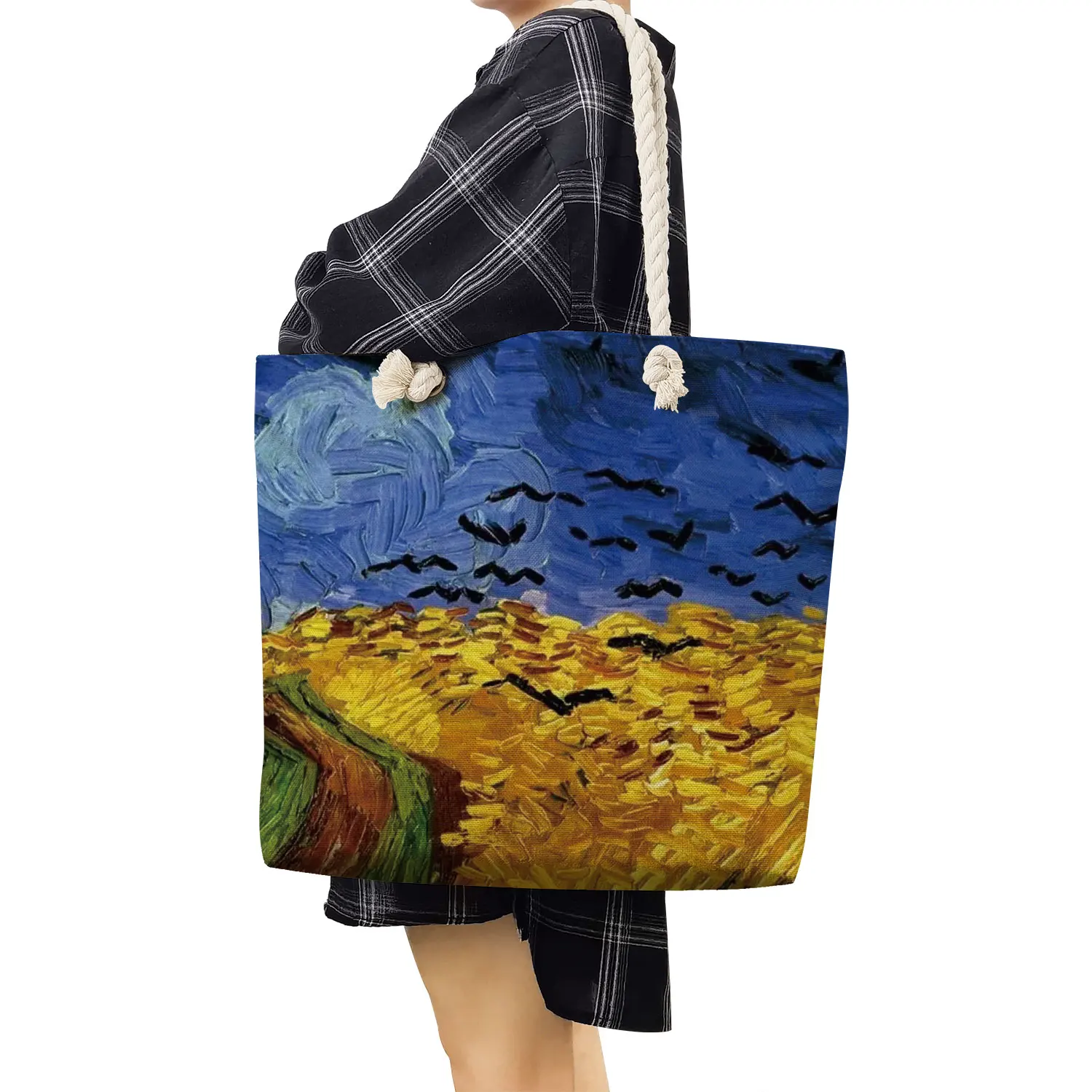 New Van Gogh Oil Painting Print Travel Beach Bags Customized Logo Picture Thick Rope Tote High Quality Foldable Reusable Handbag