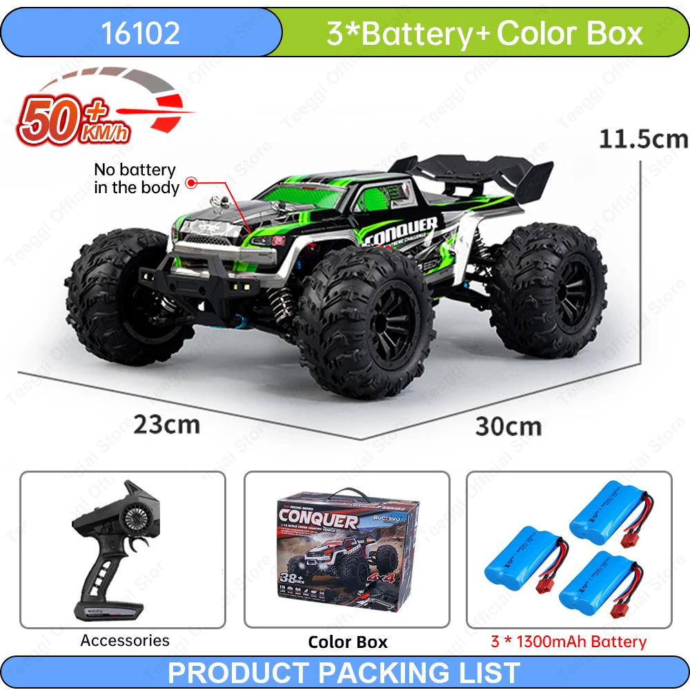 16101 1/16 Hochgeschwindigkeits-RC-Driftauto mit LED-Lichtern, 50 km/h, 4WD; 16102 RC-Geländewagen; 16201 Bürstenmotor-Monstertruck Spielzeug Geschenke