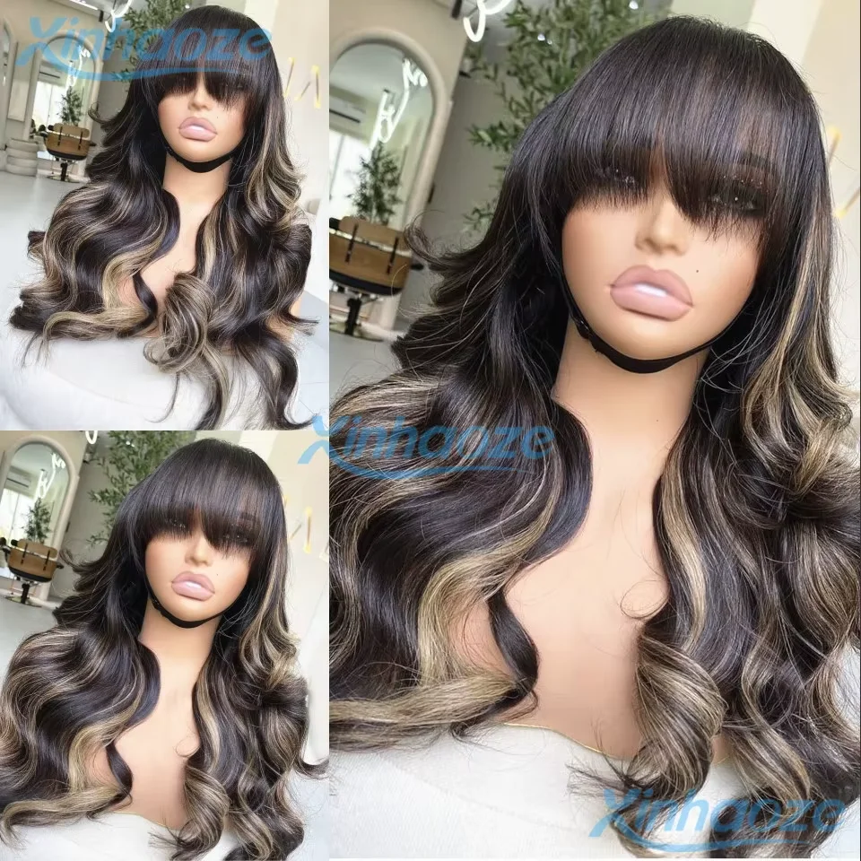 

Fringe Highlight Black Blonde Highlight Glueless Human Hair 5x5 Silk Base Closure Wigs With Bangs Pre Plucked 360/13x6 Lace Wigs