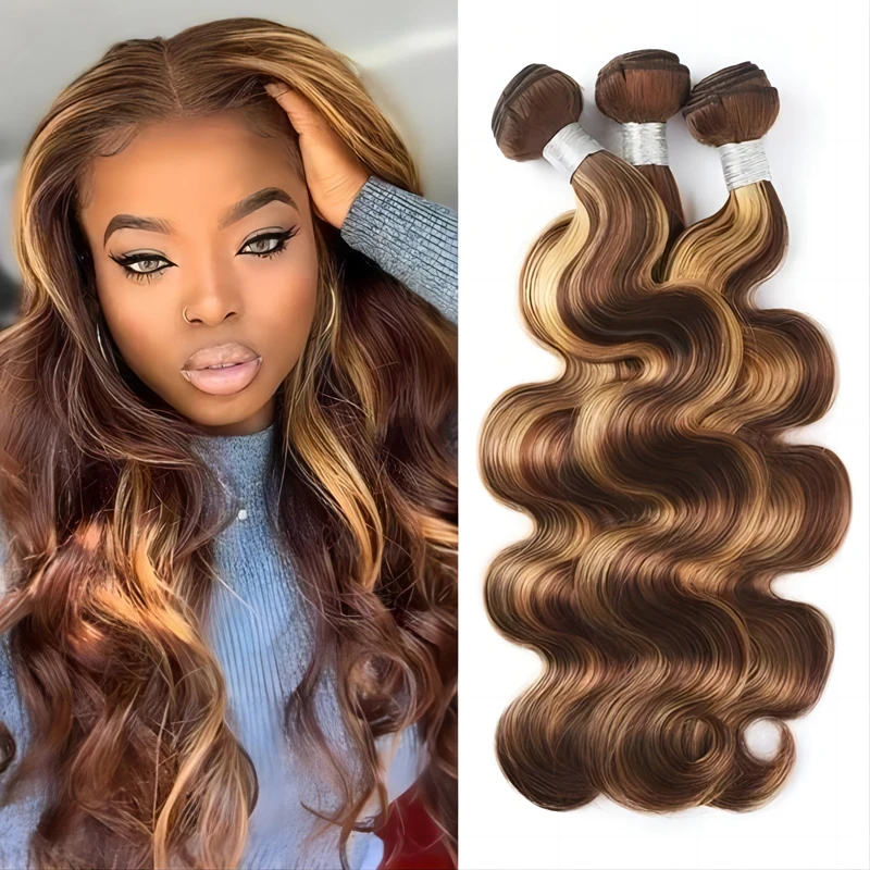 Highlight Body Wave Bundles With Closure P4/27 Color 4x4 Lace Closure With 3/4 Bundles Indian Virgin Human Hair 65g/Pc Bundle