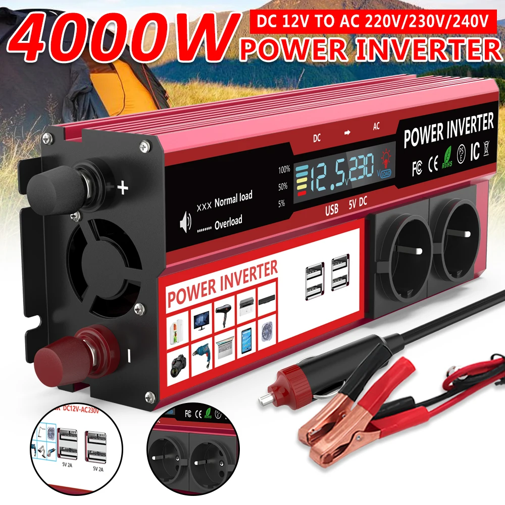 3000W/4000W Modified Wave Inverter DC 12V to AC 220V 2×EU socket 4×USB for Car/Outdoor Camping