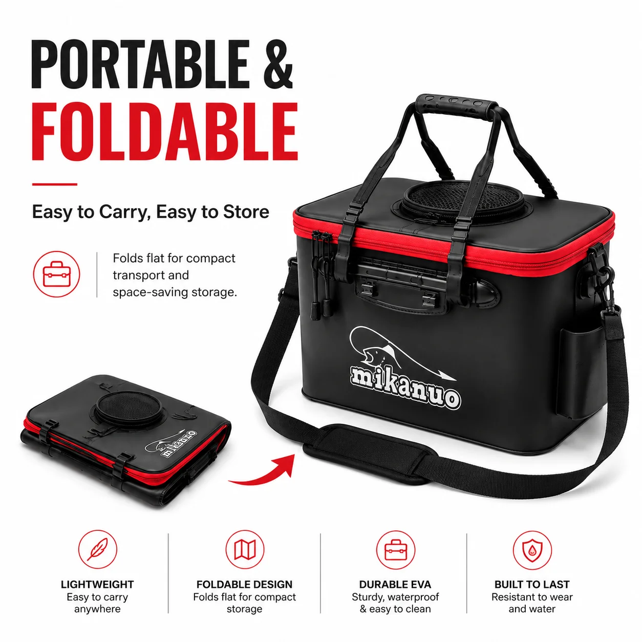 Portable EVA Foldable Fishing Bucket Leakproof Live Fish Box with Handle, Tackle Storage Bag for Outdoor Camping Fishing