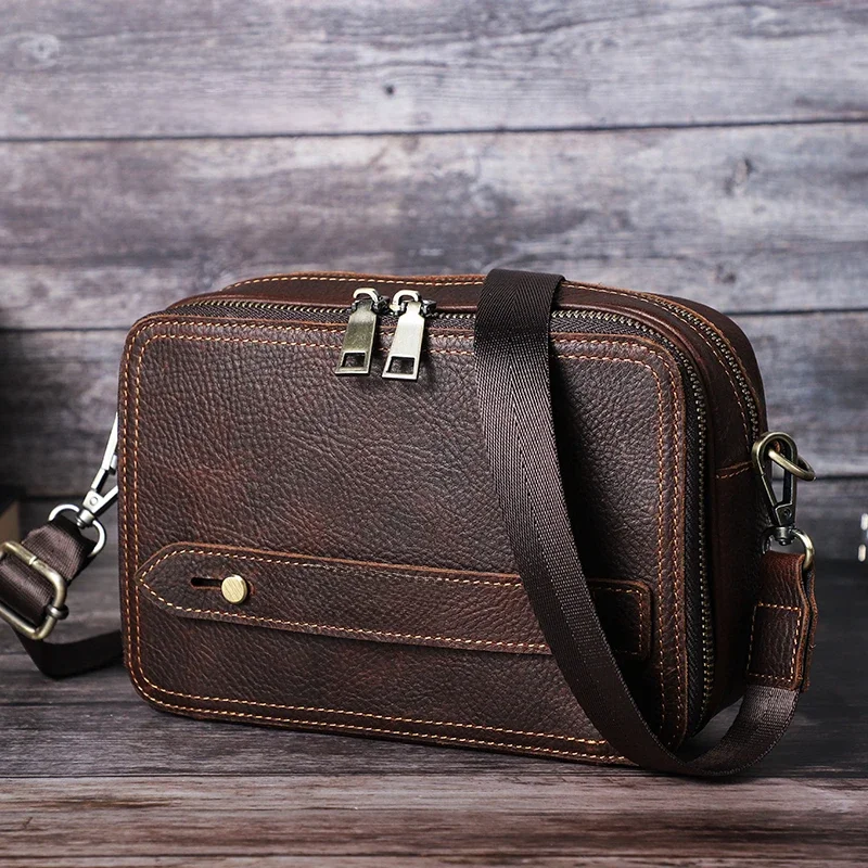 Prawdziwa skóra Retro mężczyźni Mini na ramię torby na co dzień męskie torby typu Crossbody sprzęgła mała torebka w stylu Vintage mężczyzna Mini torba — zdjęcie 2