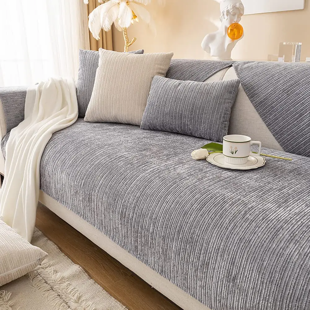 Zachte Chenille Sofa- en bankhoes Effen Kleur Gestreept Geweven Getextureerde Hoekbankhoezen Wasbaar Antislip Sofa Slipcover voor Honden Huisdieren, 1 Stuk/Niet de hele set (Lichtgrijs, 27,56 × 82,68