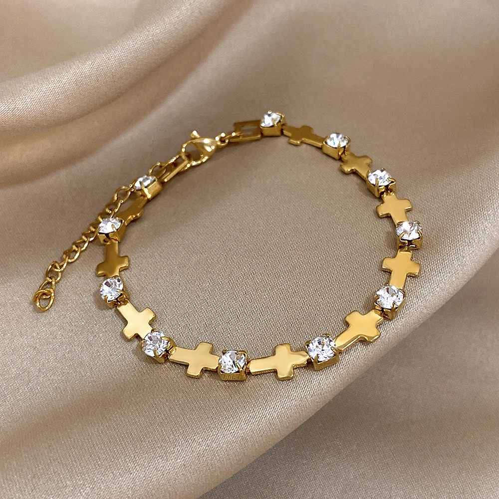 Luxury Shinny Zircon Stainless Steel Bracelet for Women Trendy Jesus Cross Heart Charm Bracelet Bangle Waterproof Jewelry Gift - Image 3