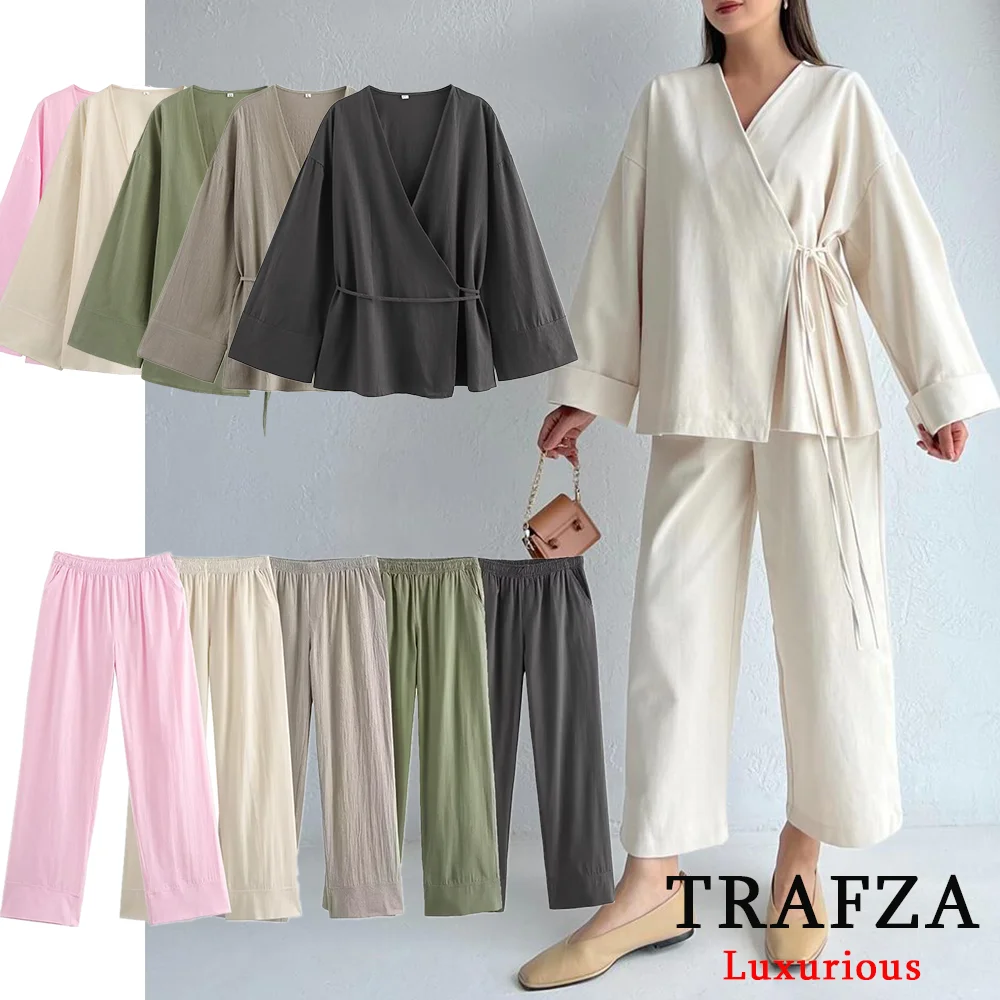 TRAFZA Casual Oversized Kimono Sets Women Long Sleeve V Neck Sashes Shirts+High Waist Wide Leg Pants Fashion 2024 Autumn Sets