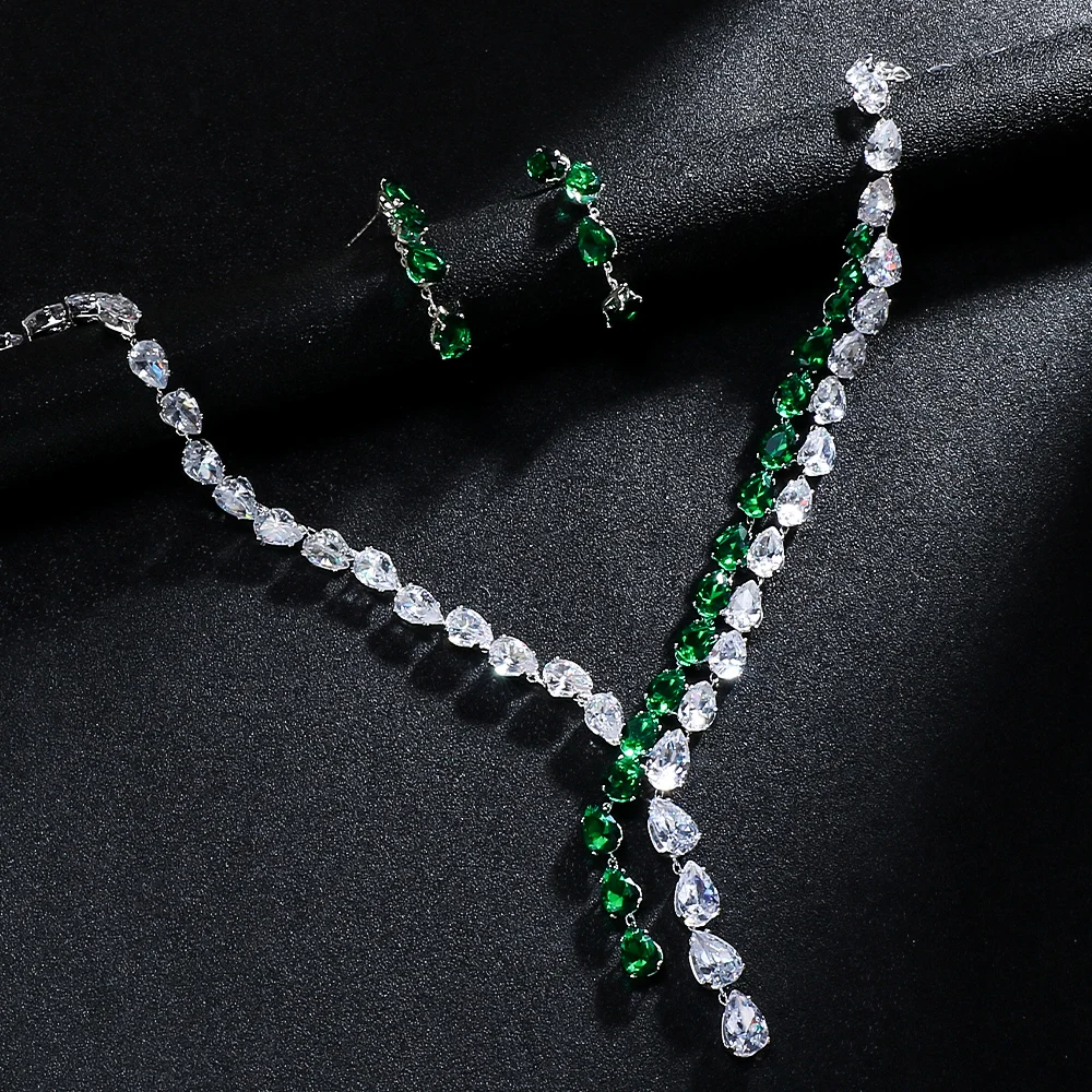 Fashion Double-deck Necklace Earrings Sets Zircon Wedding for Women Simple Green Water Drop Bridal Jewelry Set Banquet Gift