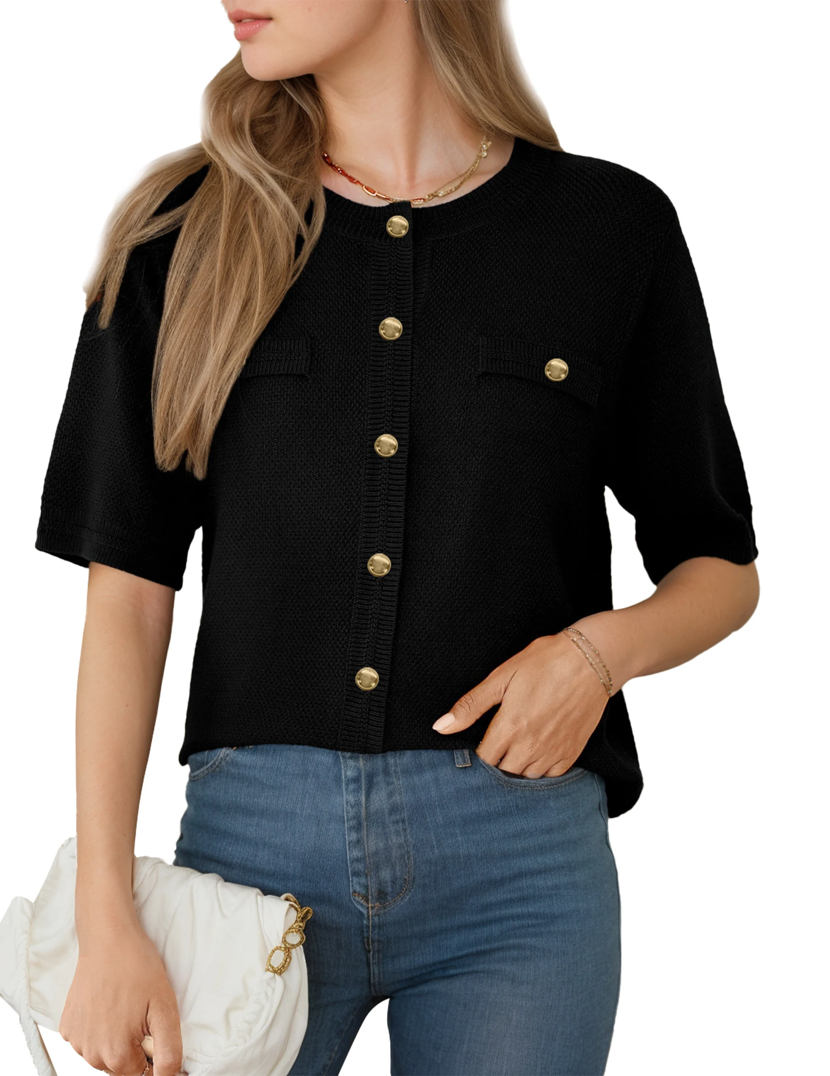 Women's Ladies Tweed Elegant Pearl Button Round Neck Top Office Business