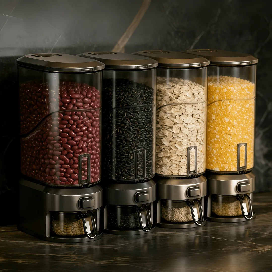 Black transparent rice bucket with measuring cup, one-button press to dispense rice, clear container to see your grains, large-capacity storage for dry foods, cereals, beans, oats, and coffee, perfect for organizing your kitchen countertop or pantry, 30×1