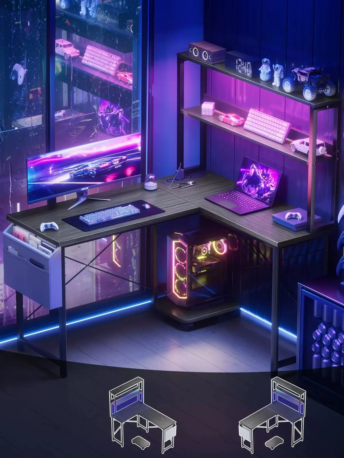 L-förmiger Computertisch, Schreibtisch, Maße 135 x 100 x 148 cm, mit RGB-Beleuchtung in 60.000 Farben, 3 integrierten Steckdosen und 2 USB-Anschlüssen, mit 2 Ablagefächern, ergonomisches Design,