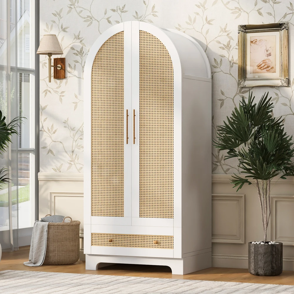 Armoire 70 × 55 × 170 cm, double porte, avec tiroirs et compartiments de rangement, portes en rotin art déco, moderne et simple, blanc