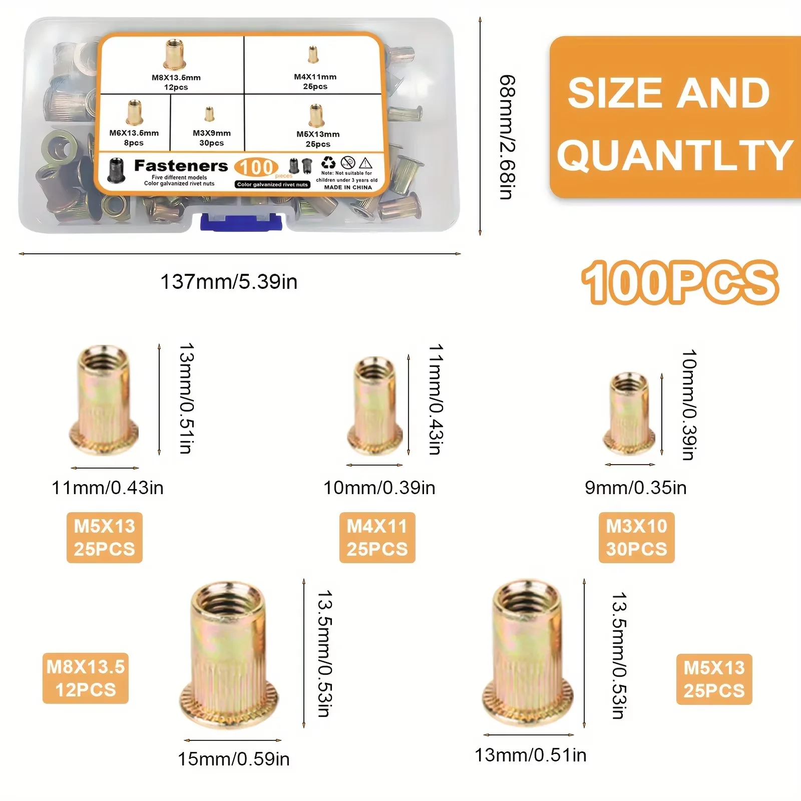 VKKM 100Pcs Color Galvanized Rivet Nuts Set, M3 M4 M5 M6 M8 Flat Head Threaded Insert Nuts Kit with Clear Storage Box for Metal Sheet Automotive Furniture DIY Repair