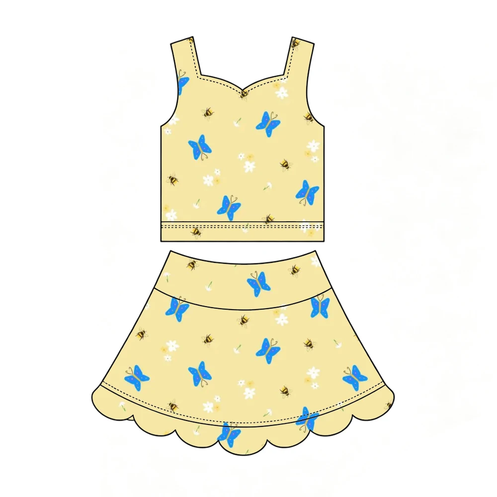 Boutique Hot-selling girls' outfit tank top paired fan-shaped short skirt and bow fruit butterfly print custom wholesale