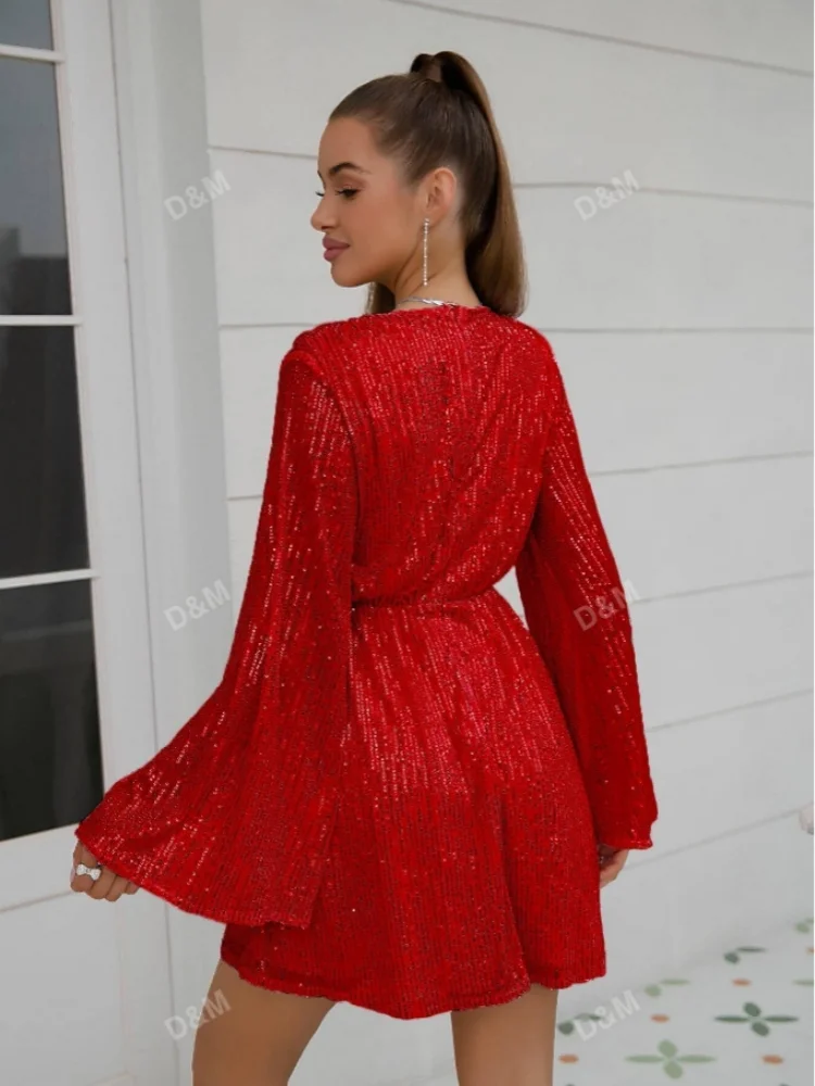 D&M Women sequin Solid Sexy V Neck Sequins Long Trumpet SleeveSleeves Mini Bodycon Sexy Party Red sequin Dresses