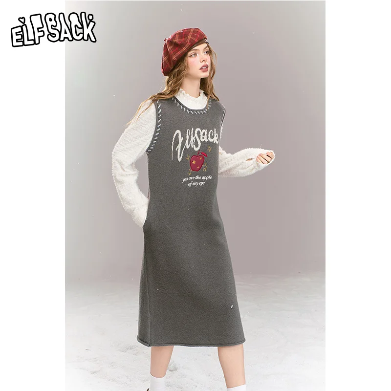 ELFSACK 2024 Winter New Arrivals Sweet Preppy style long sleeved fake two-piece patchwork lace knit H-shaped long dress for wome