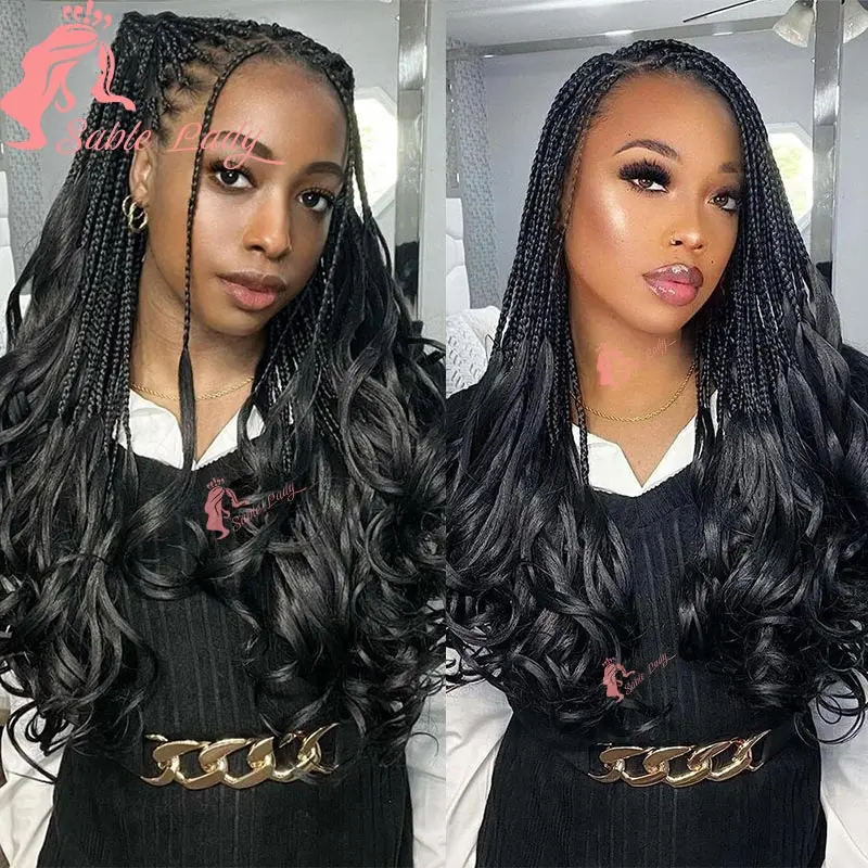 Synthetic Box Knotless Braid Wigs Curly Ends Square Part Braided Full Lace Front Wig For Black Women Lace Braided Wig 18Inch