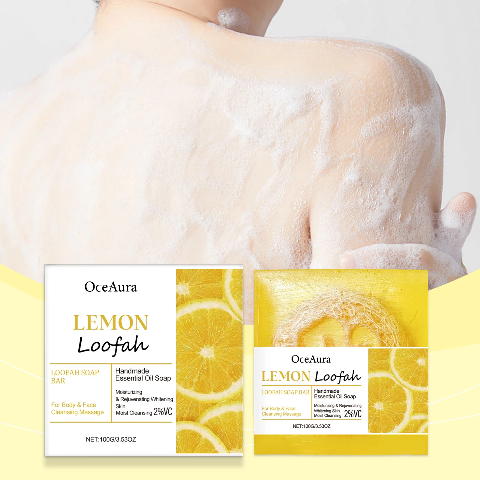 

Oceaura 100g Lemon Loofah Bath Soap Refreshing Body Skin Brighten Exfoliating Shower Oil Control Remove Dead Skin Body Wash Soap