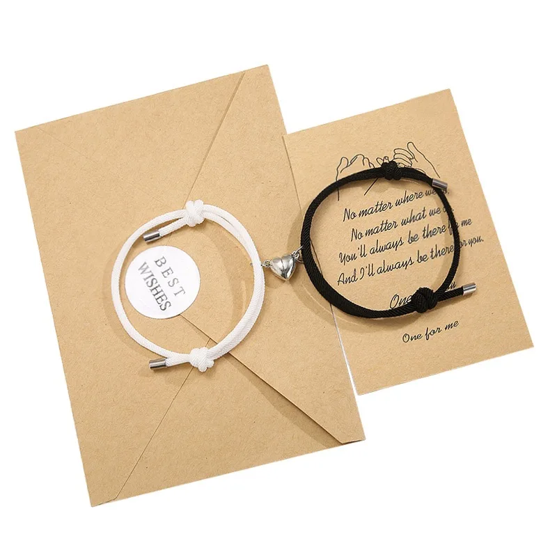 

Couple Matching Heart Cord Bracelets – Black & White Adjustable Rope Set with Gift Card for Lovers & Best Friends