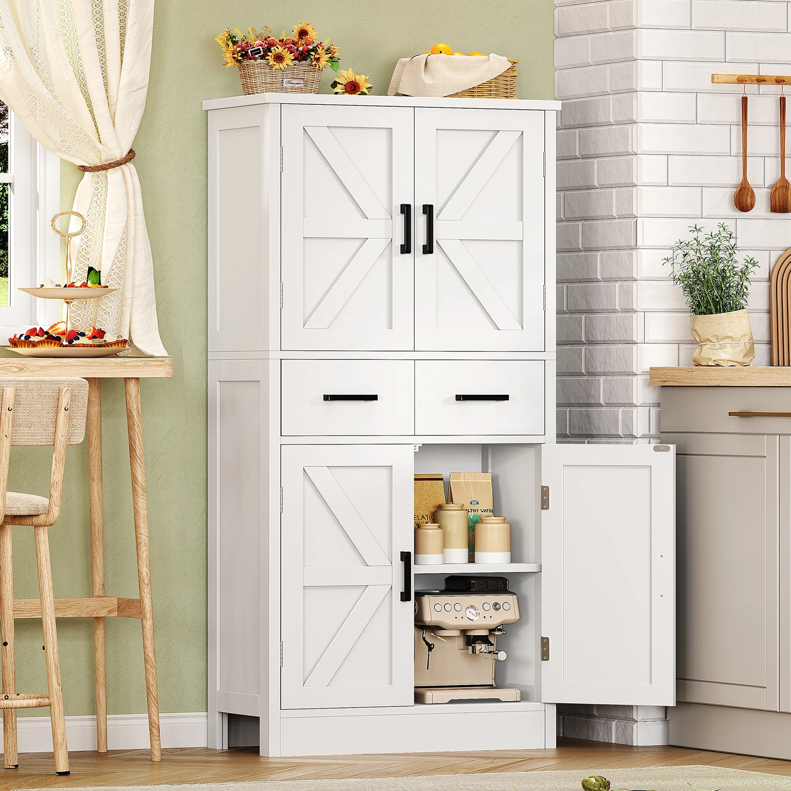 Pantry Cabinet with 2 Drawers, Kitchen Storage Cabinet with 4 Door Shelves