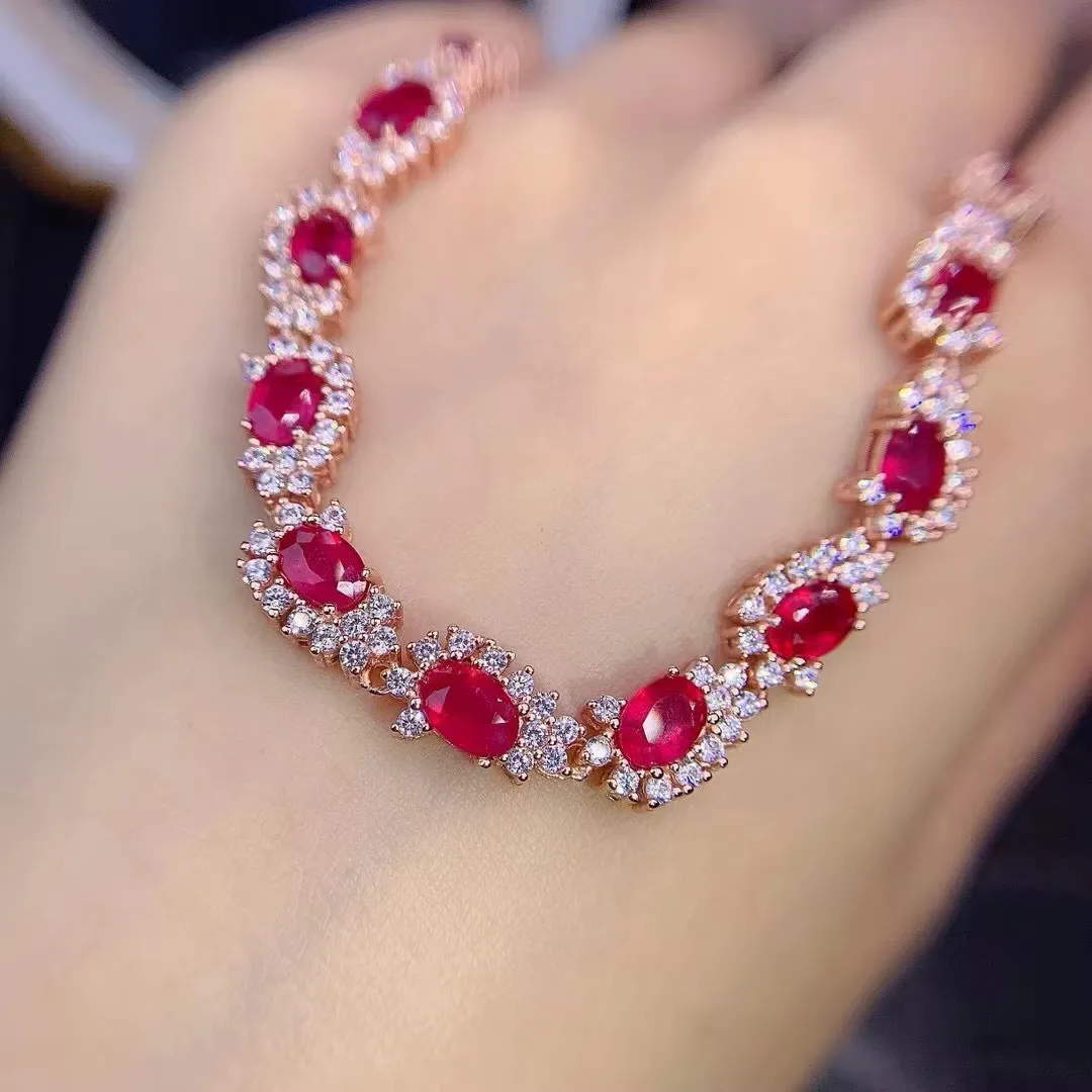 

KJJEAXCMY-925 Pure Silver Natural Ruby Gemstone Bracelet for Women, Girl's Party Jewelry, Birthday and Christmas Gift, New