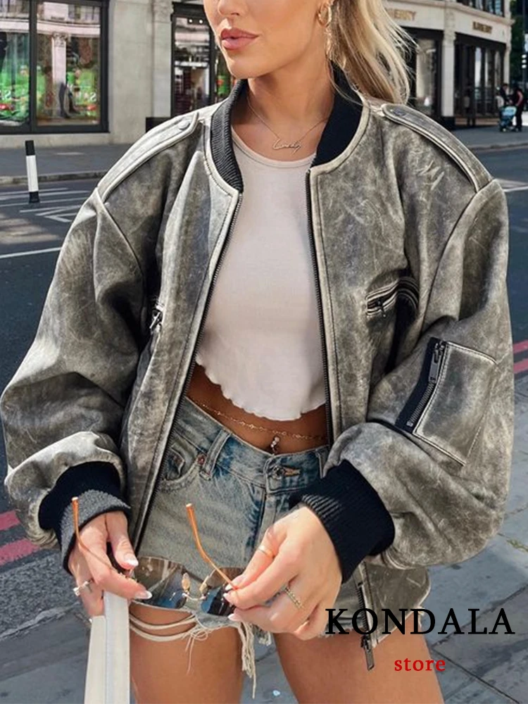 

KONDALA Chic Solid Gray Faux Leather Streetweat Long Sleeve Zipper Jacket Fashion 2023 Autumn Casual Cool Y2K Pockets Outwear