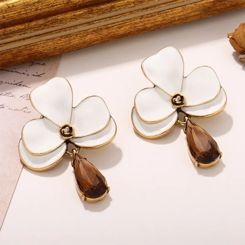 Romantic Enamel Flower Earrings for Women Lady Water-drop Different Color Clear Crystal Ear Stud Office Party Jewelry Gifts