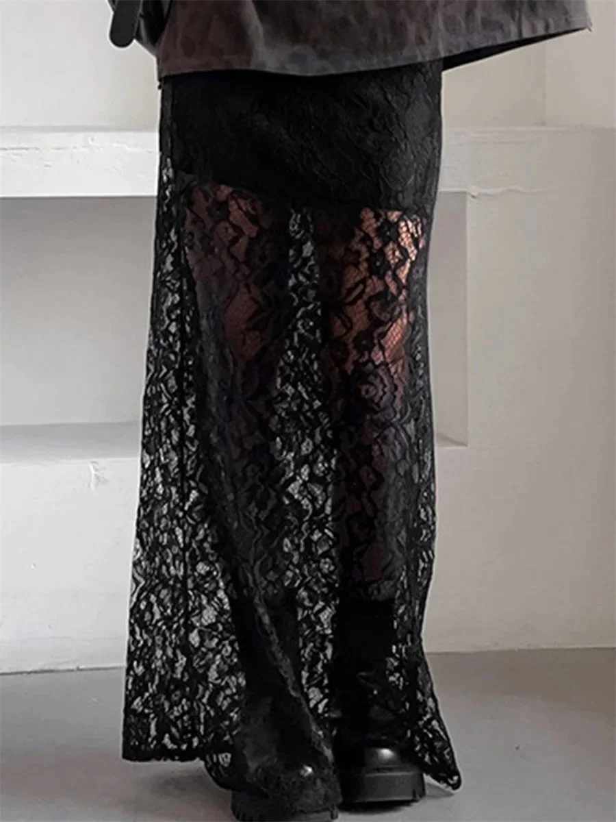 Damskie koronkowe patchworkowe długie spódnice Vintage wysokiej talii jednokolorowe przezroczyste spódnice Maxi wąskie spódnice eleganckie spódnice o temperamencie — zdjęcie 2