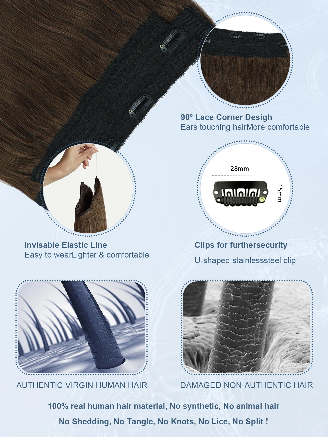 Echthaar-Halo-Haarverlängerungen mit unsichtbarem Draht, verstellbarem Band und versteckten Clip-in-Verlängerungen für Frauen, 2 Oz, Mittelbraun – Detail 4
